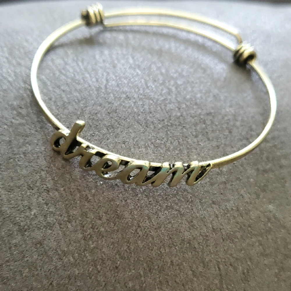 Gold “Dream” Adjustable Wire Bangle | Inspirational Script Bracelet | Minimalist